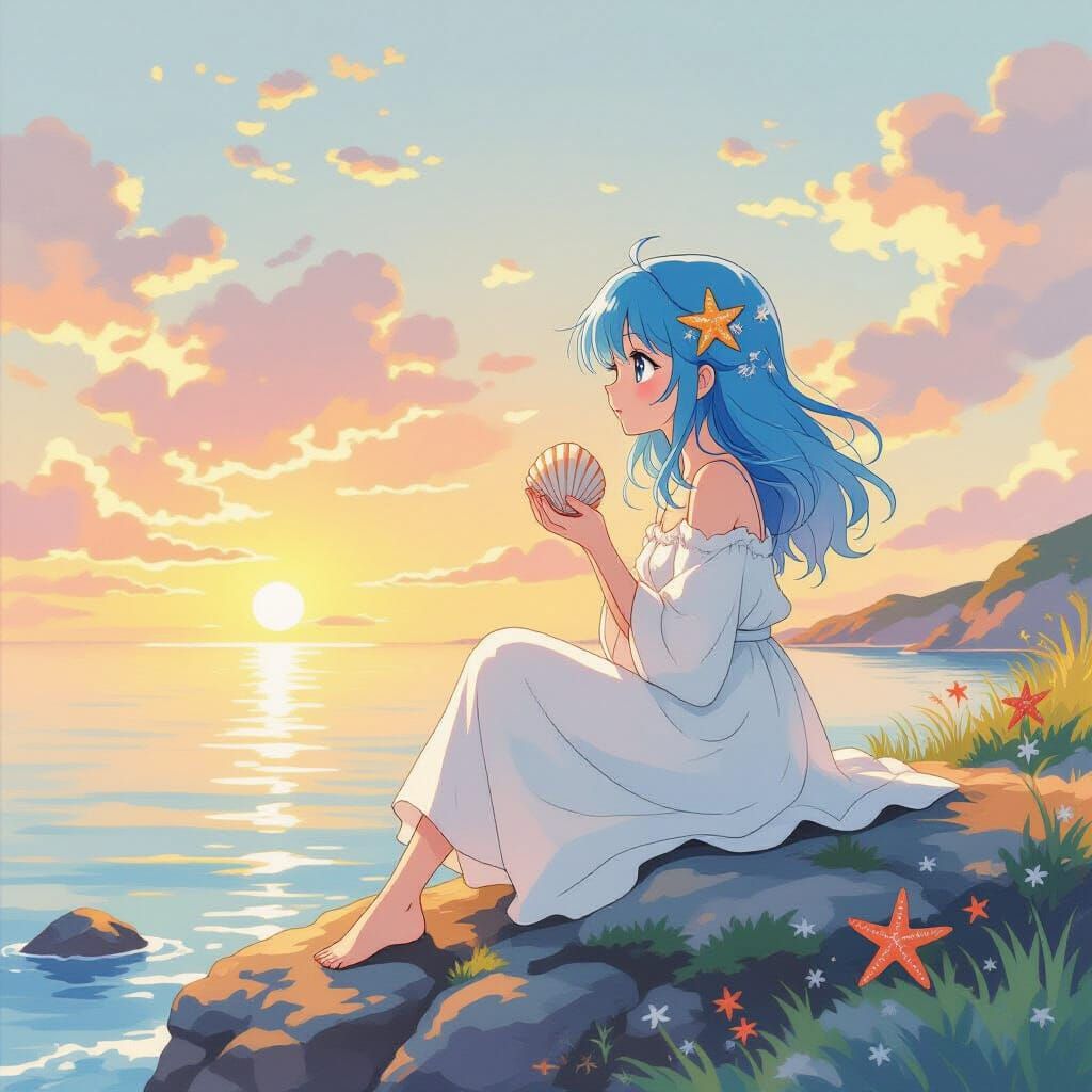 Anime Girl with Seashells at Sunset, Watercolor Style