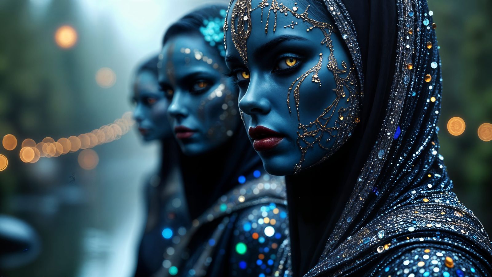 Mystical Sequined Ravens in Surreal Dark Portrait