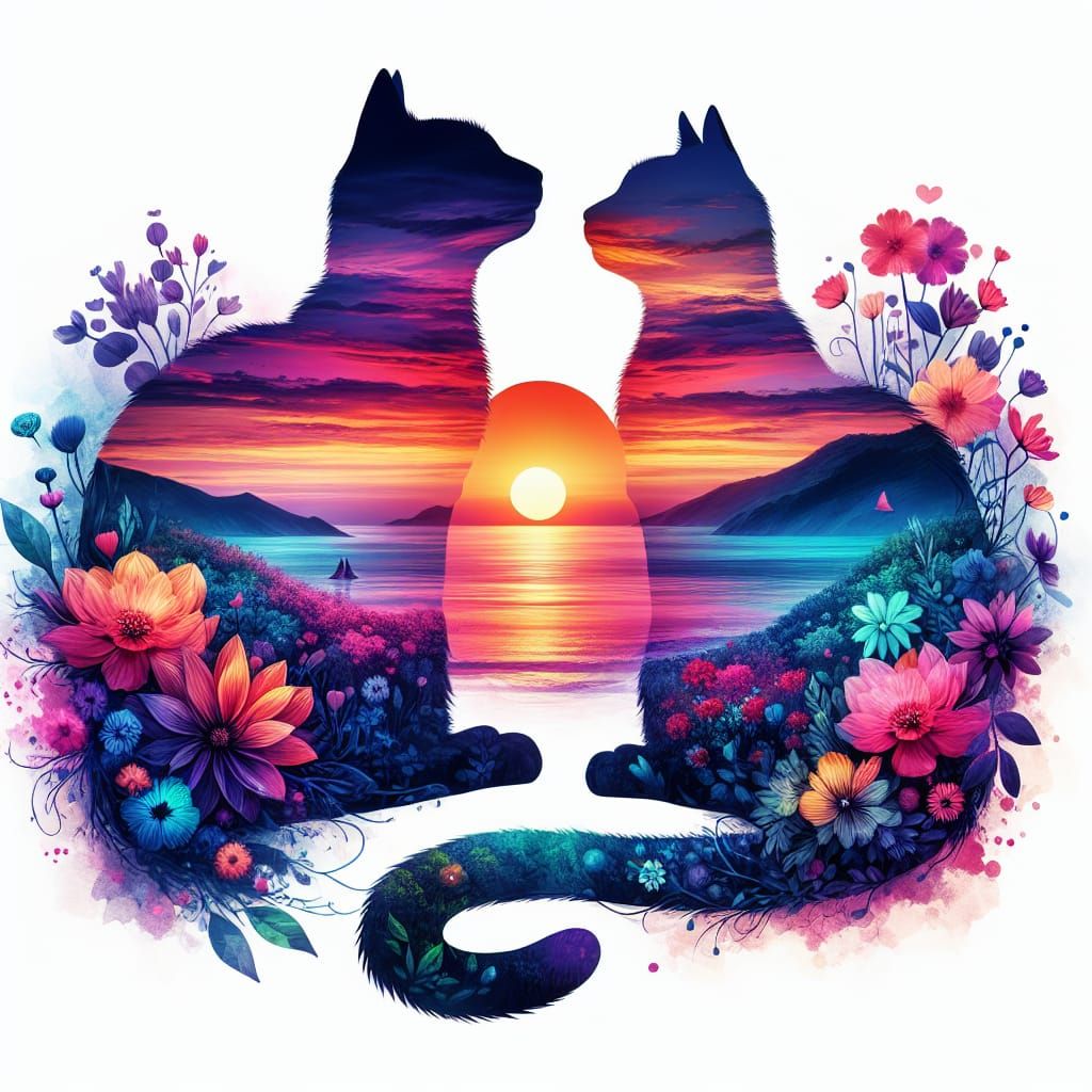 Romantic Sunset Landscape in Double Exposure Art