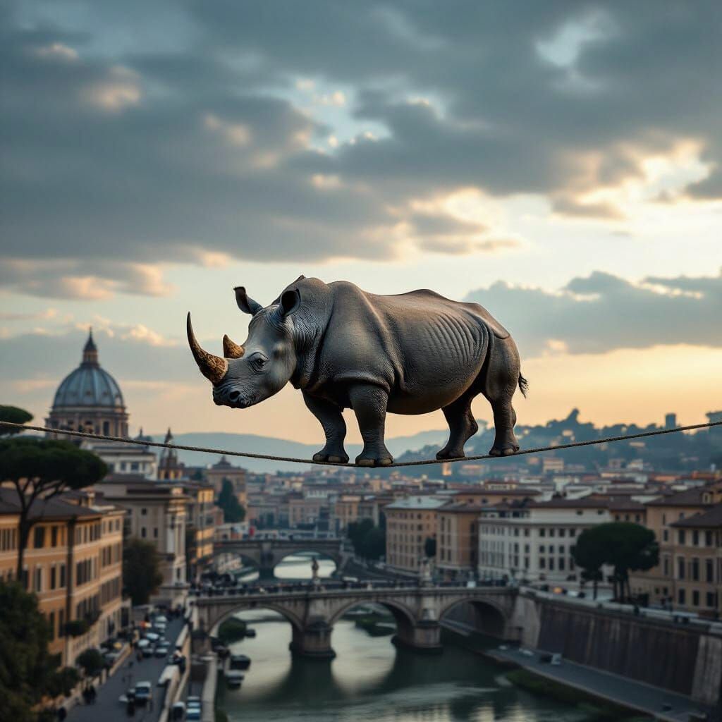 Rhino Walks Tightrope High Above Moody Rome