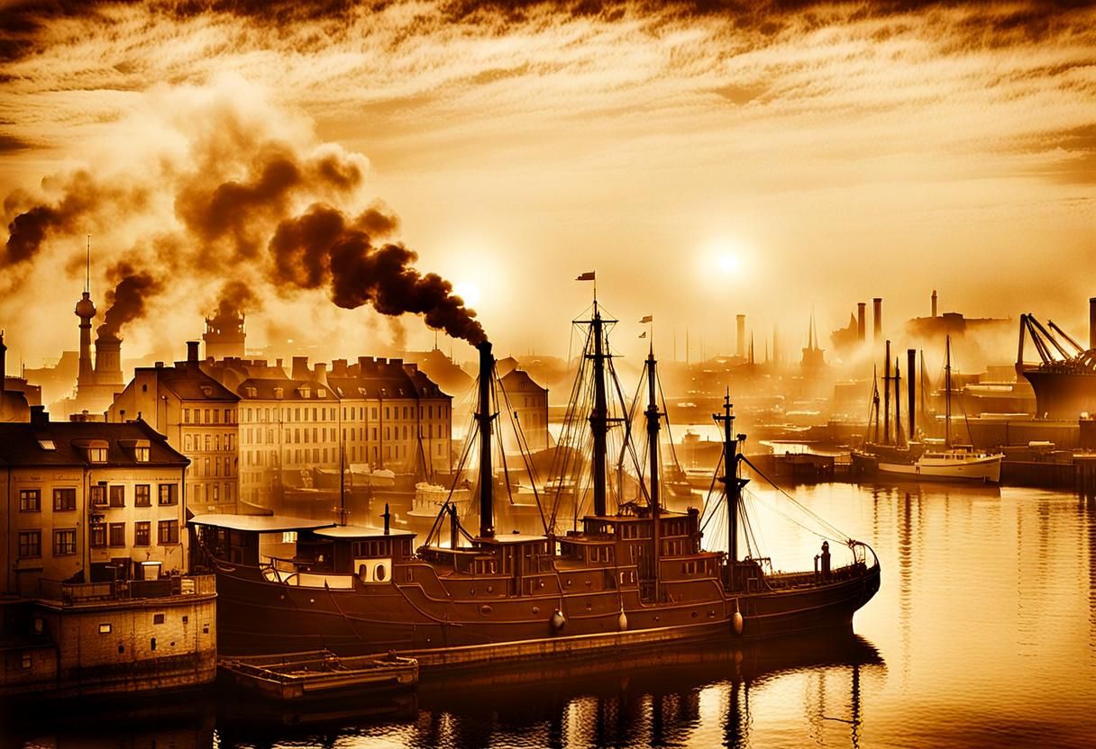 Old German Harbor Scene with Steam Ship