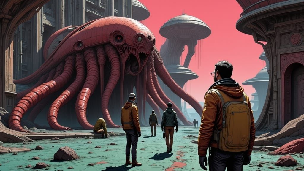 Space Smugglers and Tentacled Guardian in Alien Temple