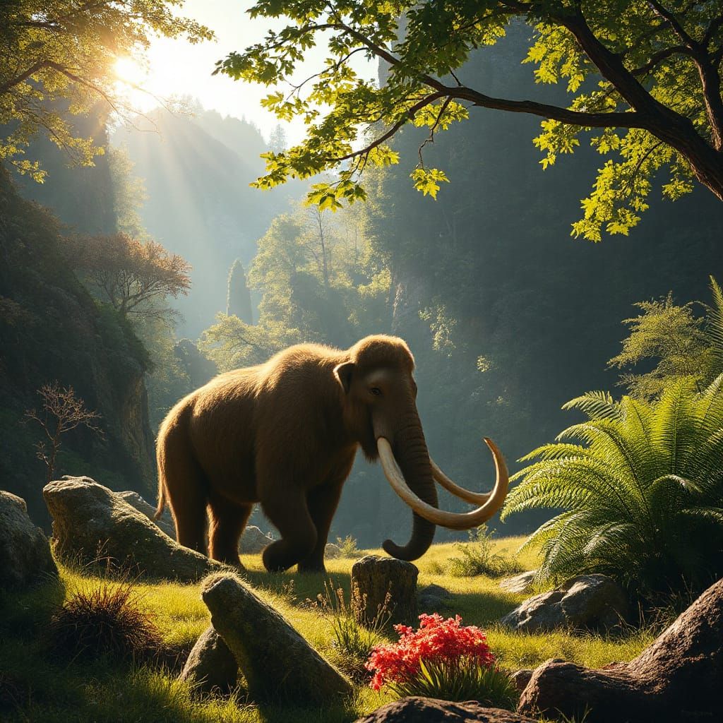 Woolly Mammoth in Prehistoric Valley, Digital Painting