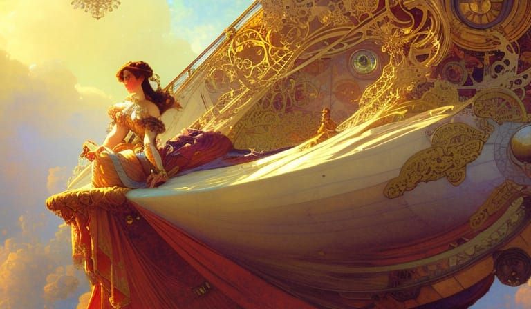Airy Fantasy Airship Woman in Baroque Style