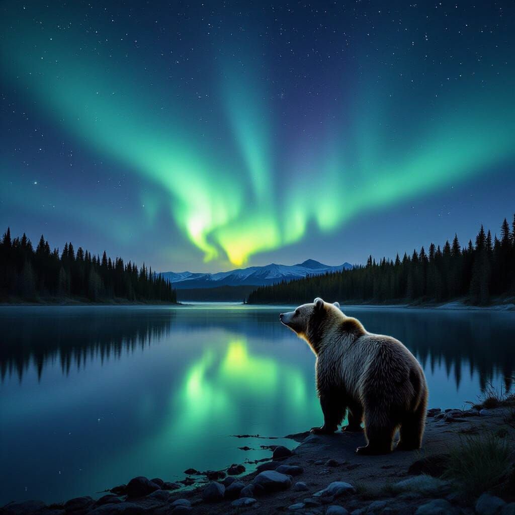 Grizzly Bear Under Aurora Borealis Over Glassy Lake