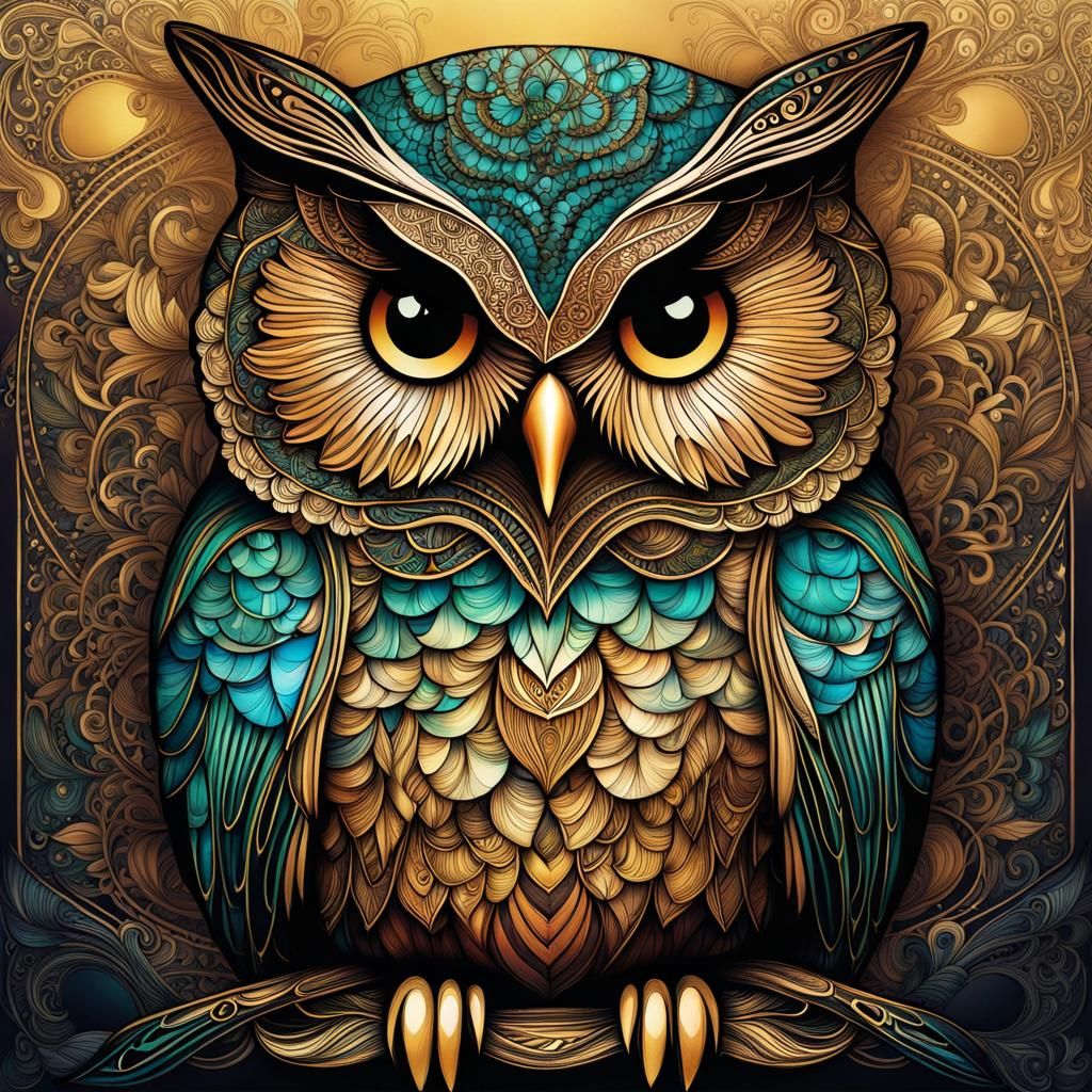 Majestic Zentangle Owl with Golden Outlines
