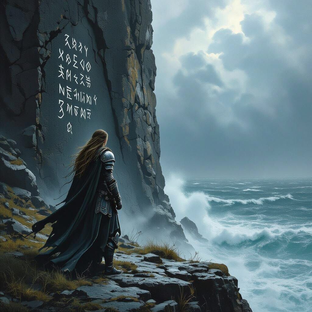 Shieldmaiden on Cliff Overlooking Stormy Sea