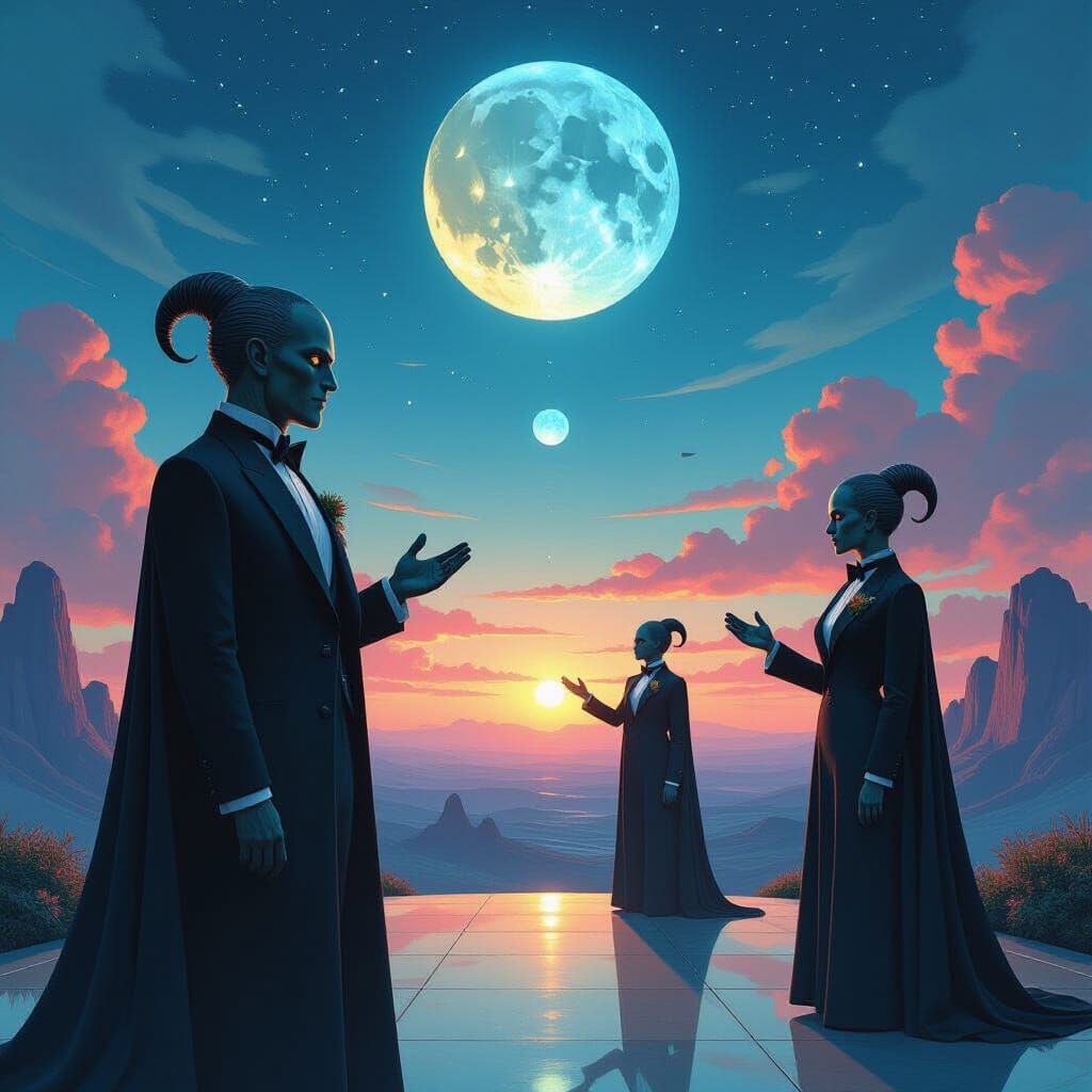 Respectful Monsters in a Futuristic Celestial Landscape