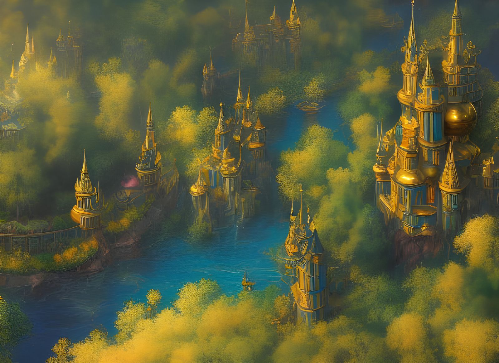 Floating Gold Fairy Castle in Fantasy Art Style