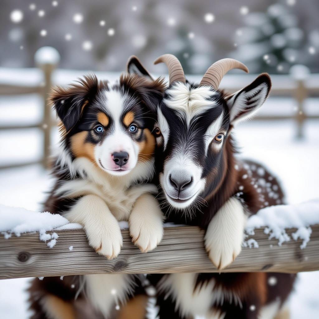 Cute Border Collie and Goat Friends in Snowy Winter Scene