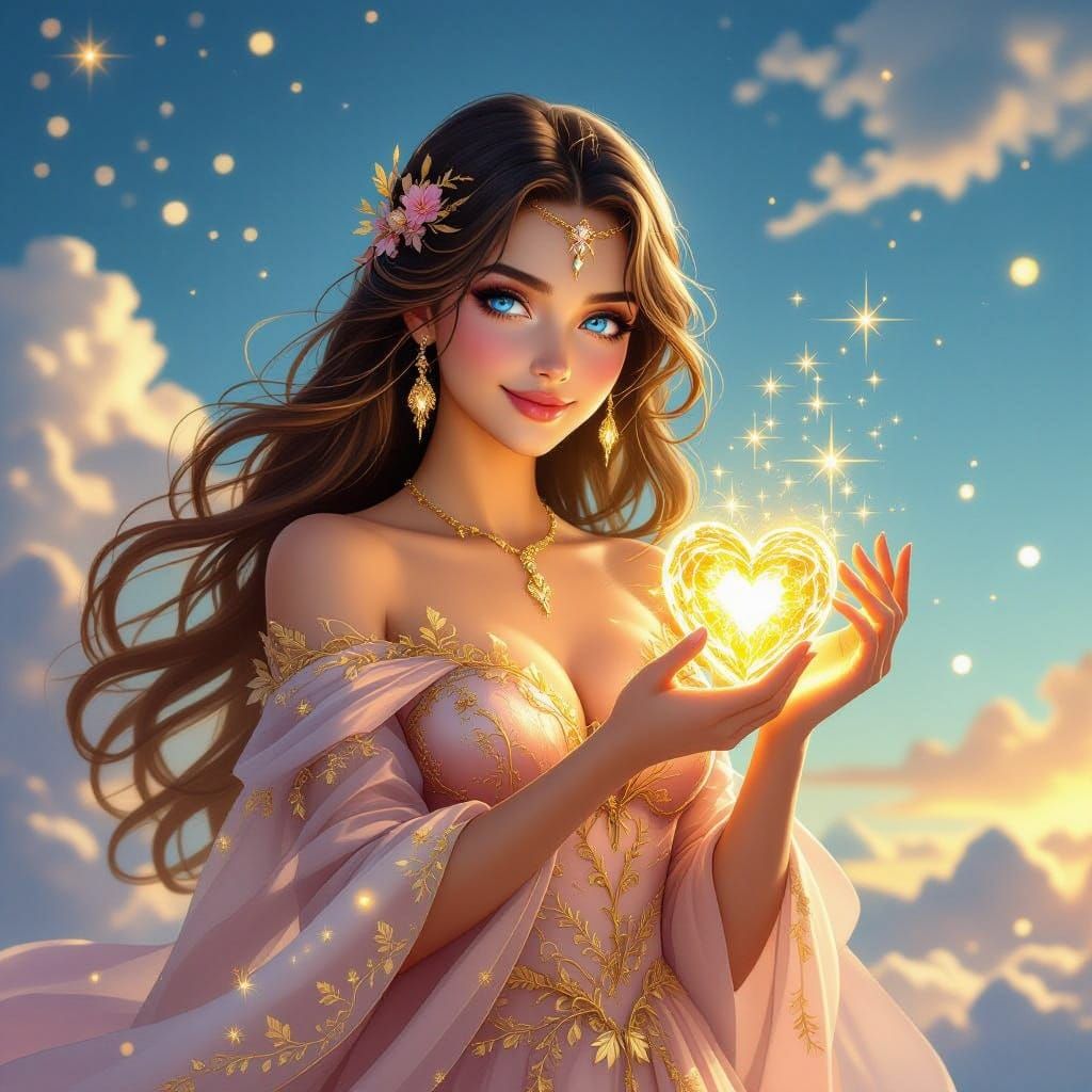 Goddess in Rose-Gold Gown Surrounded by Celestial Wonders