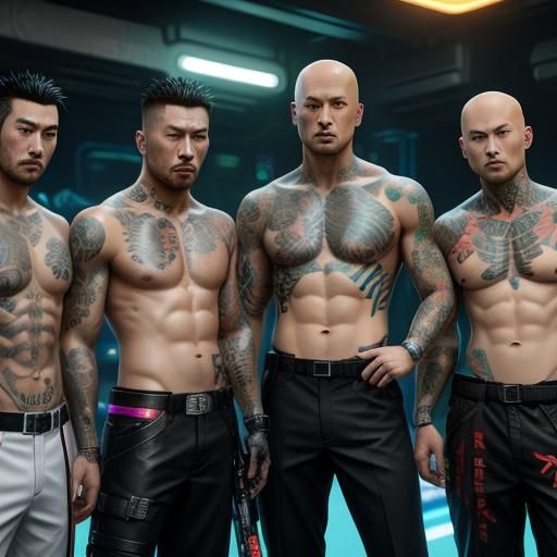 Cyberpunk Maori Tattooed Men in Neon Cityscape