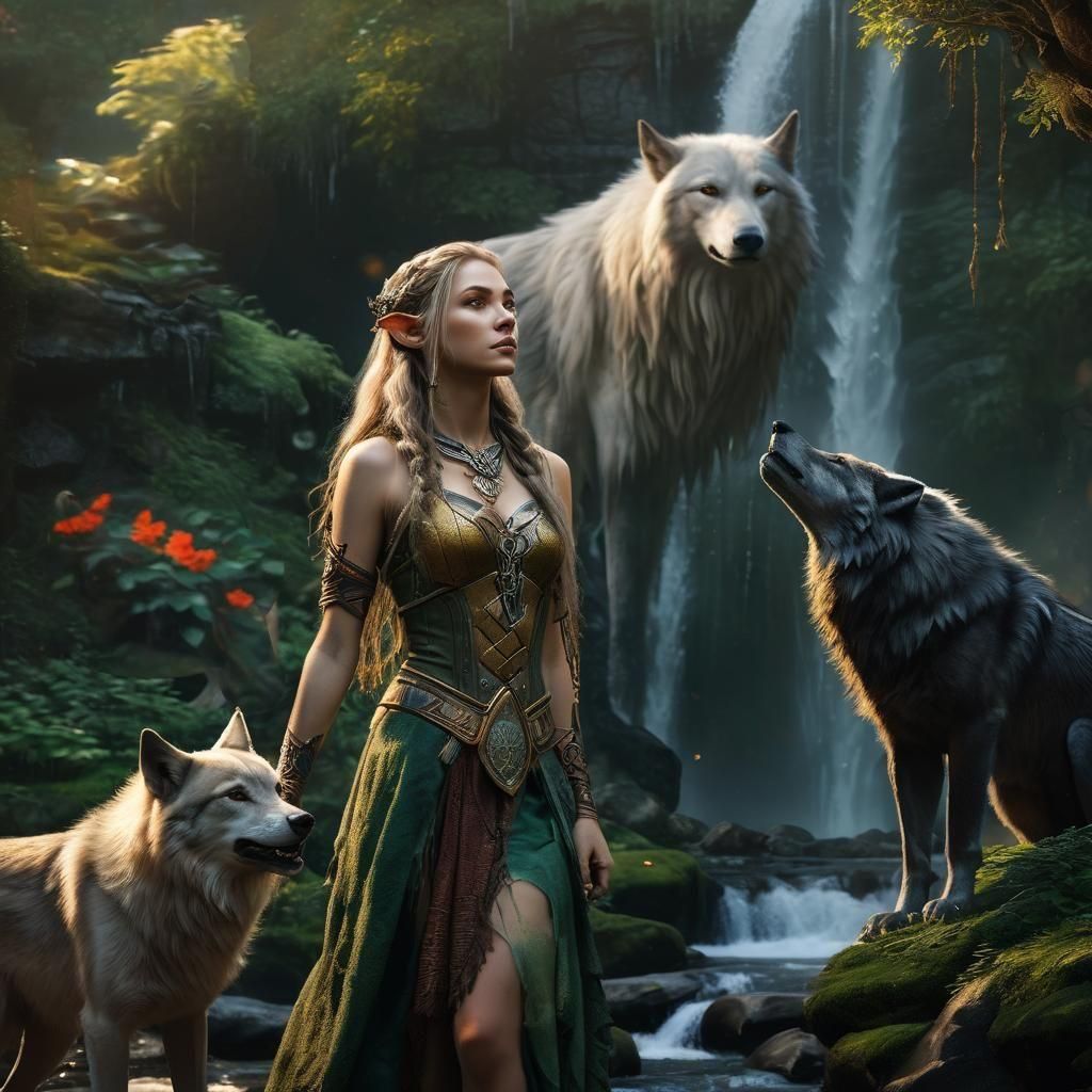 Enchanted Forest: Celtic Elf and Wolf in Splash Art