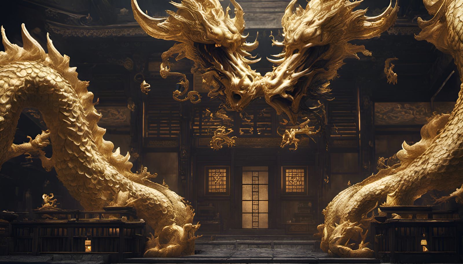 Gold and Black Japanese Dragon Den in Detailed Matte Paintin...