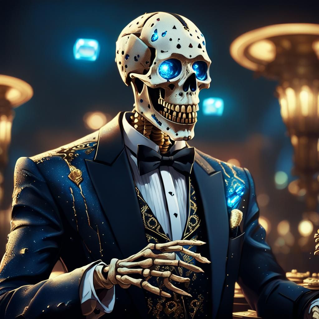 Skeletal Casino Monster with Glowing Dice Head