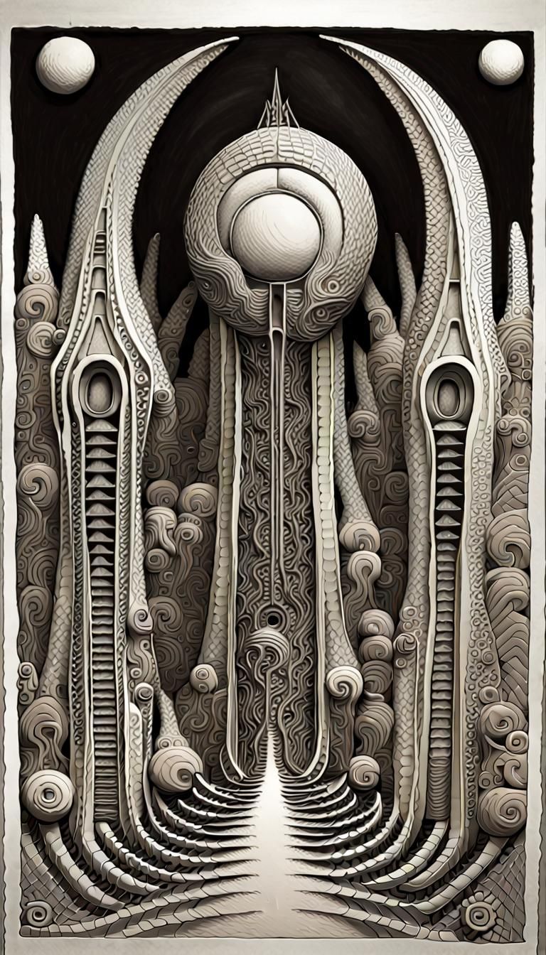 Psychedelic Giger-Escher Landscape in a Maximalist Style