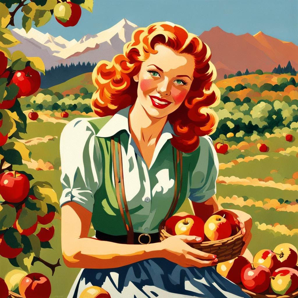 Vintage Pin-Up Girl Picking Apples in Orchard