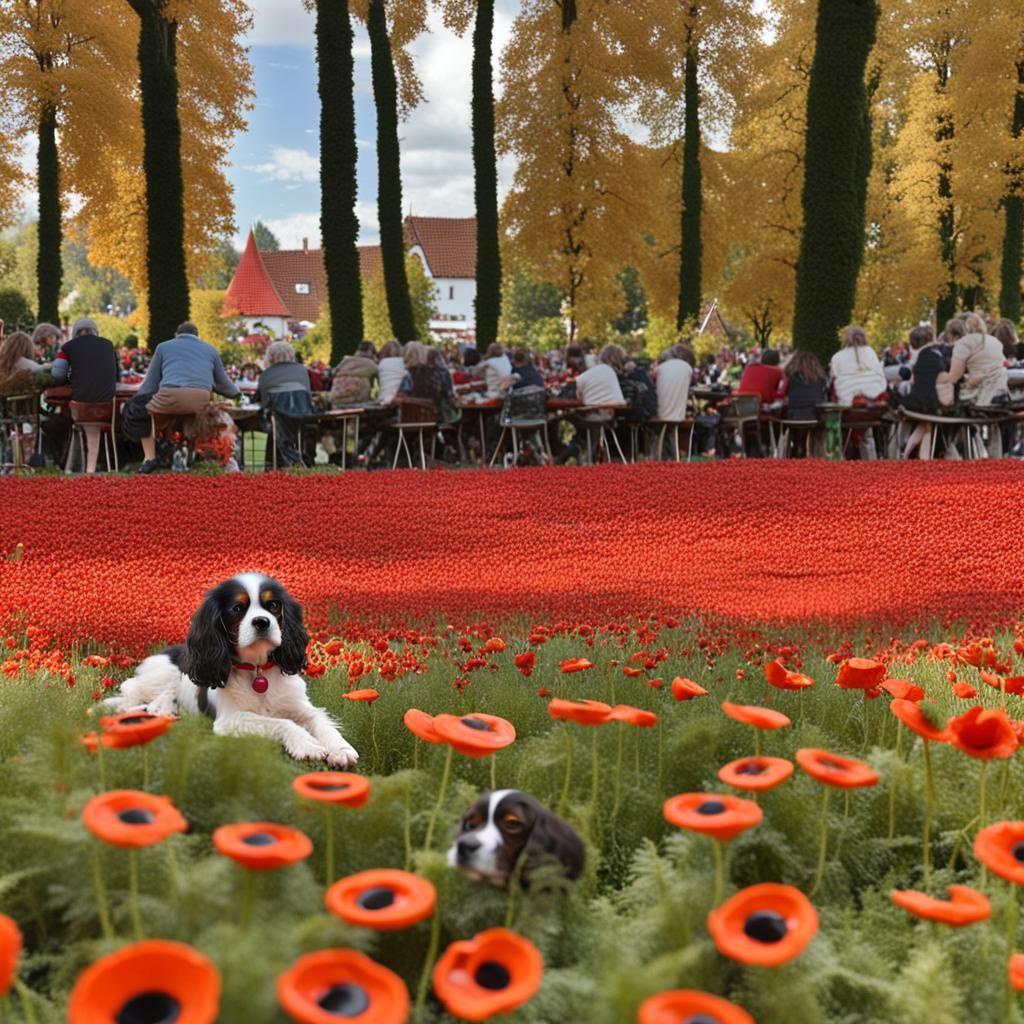 Crocheted spooky forest. German beer garden in Munich during...