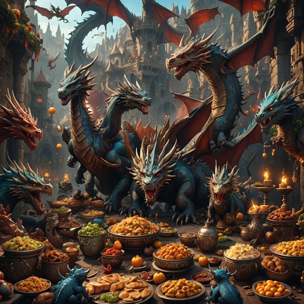 Dragons' Feast in Chagall Style: Detailed Matte Painting