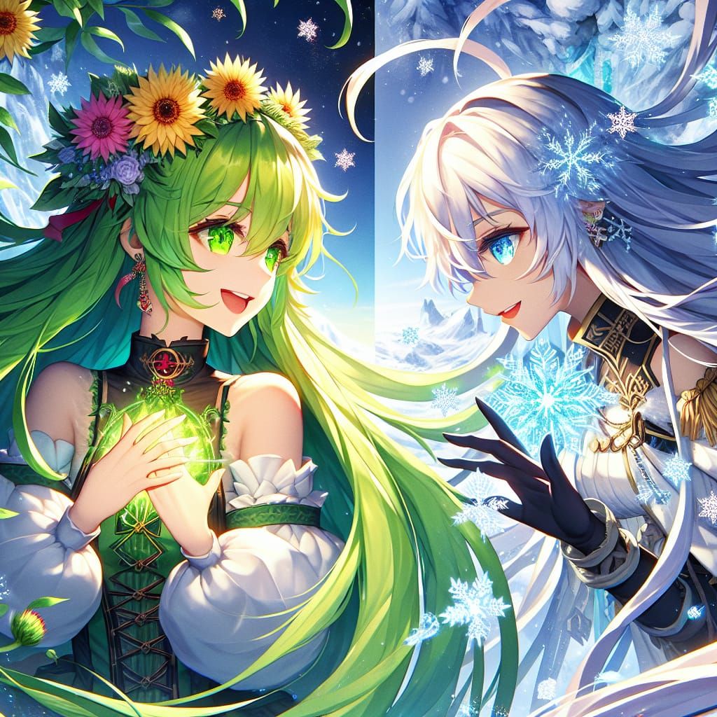 Anime Women's Frosty Embrace in a Flower Field