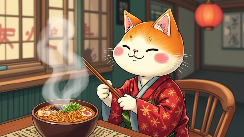 Cat Enjoying Ramen: Edo Period Art Style