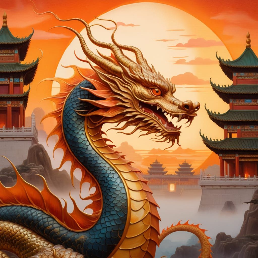 Vibrant Oil Painting of Chinese Dragon in Palace Setting