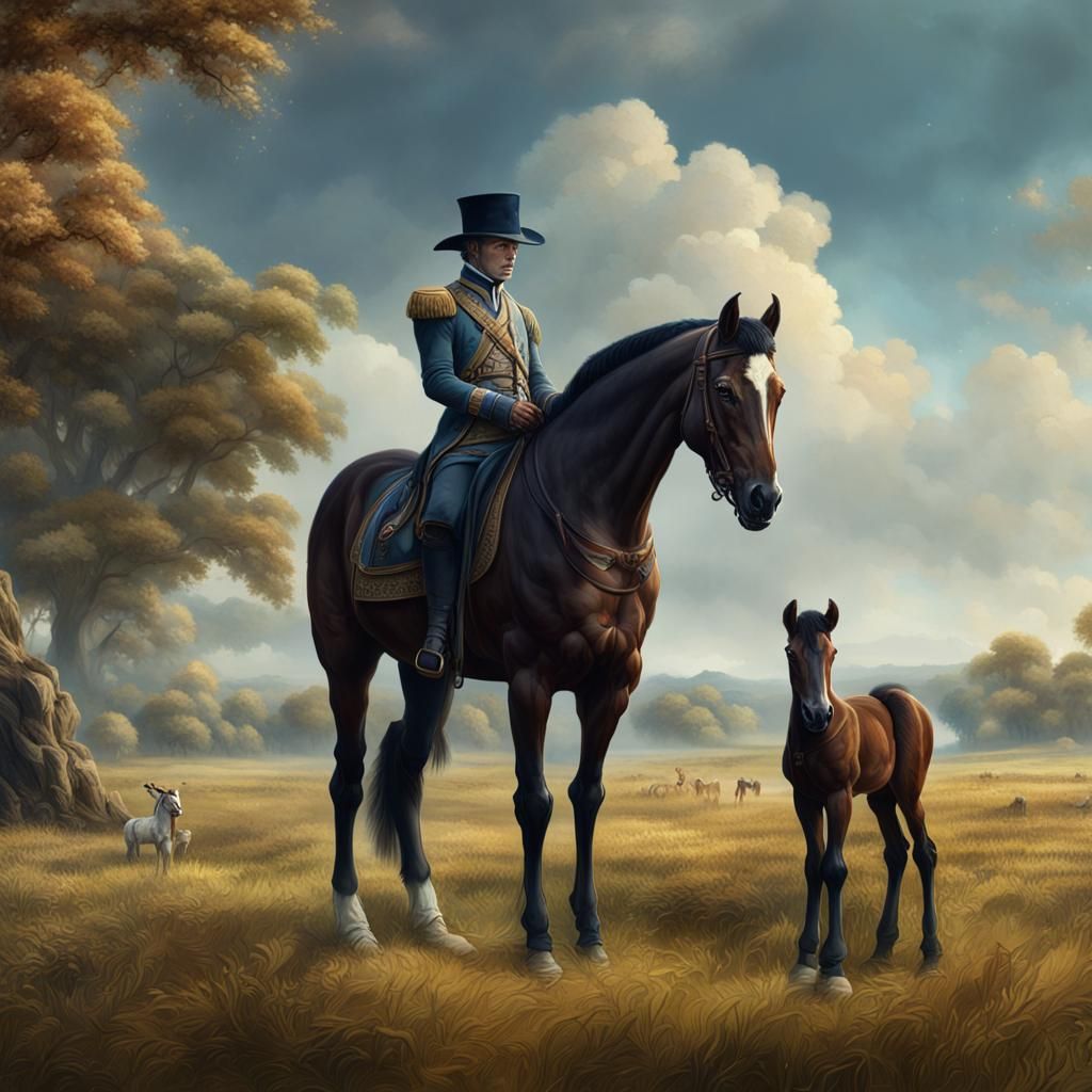 Colt and Mother in Field, Redouté Style