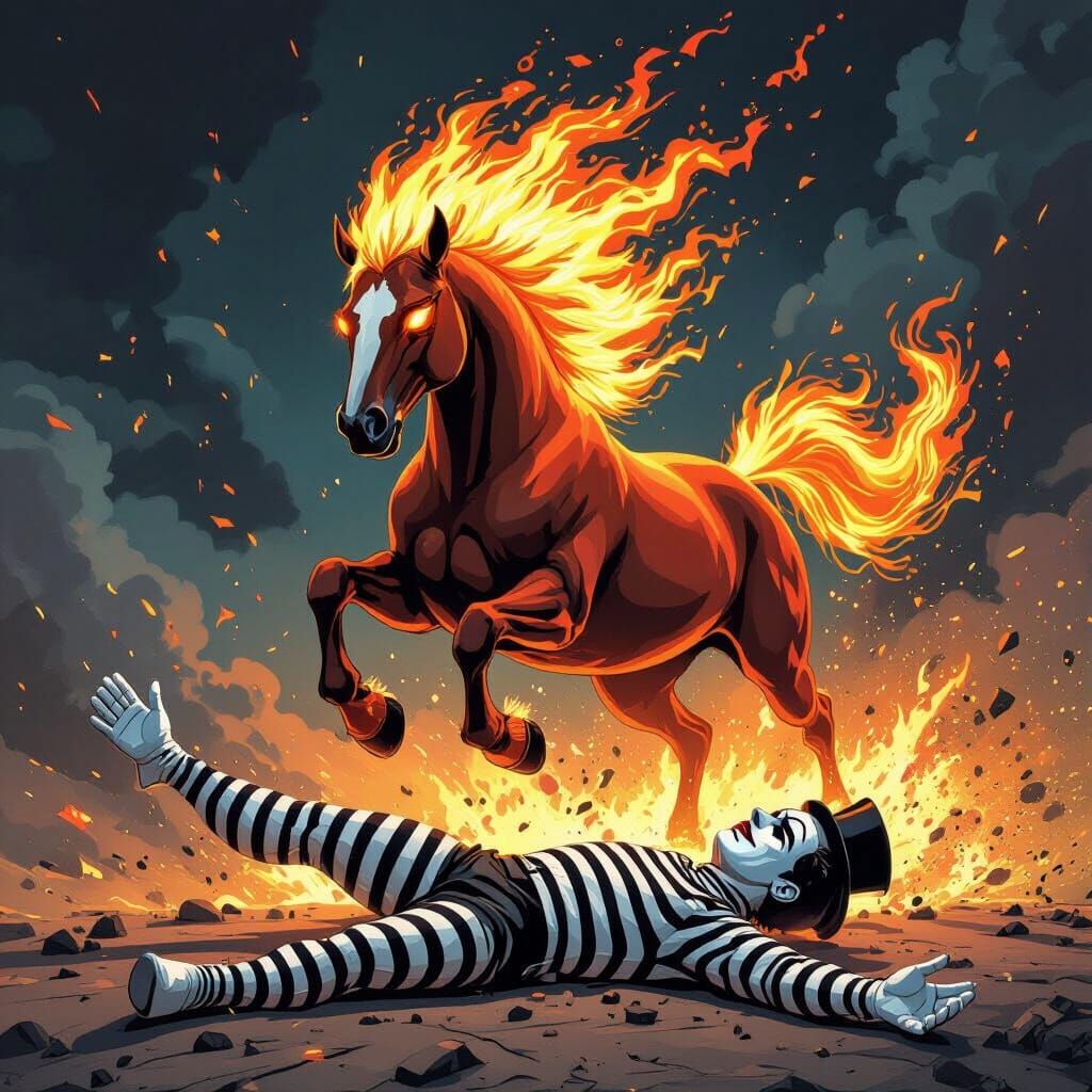 Flaming Horse Triumphs Over Defeated Mime in Comic Style