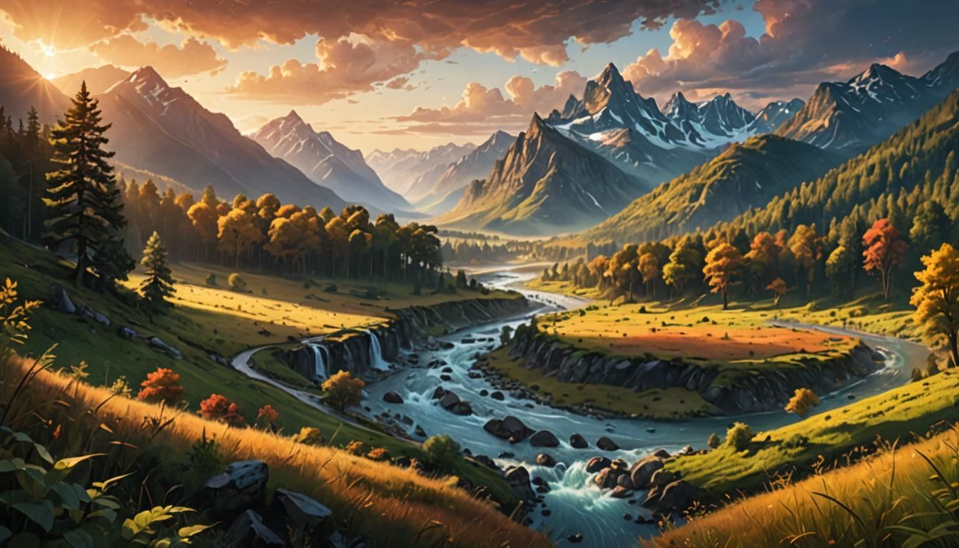 Majestic Valley Landscape in Impressionistic Style