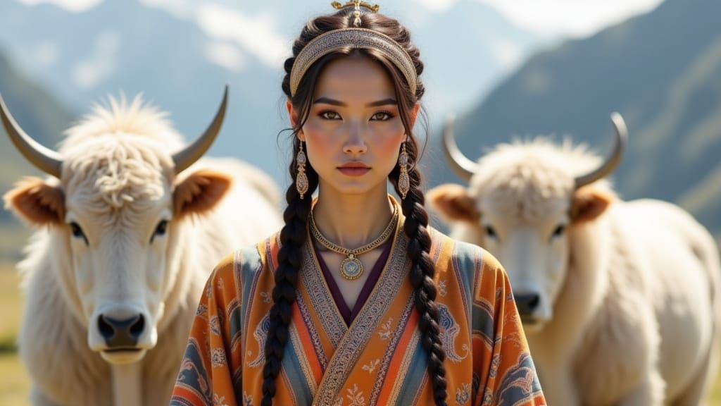Himalayan Woman and White Yaks in Dreamy Landscape
