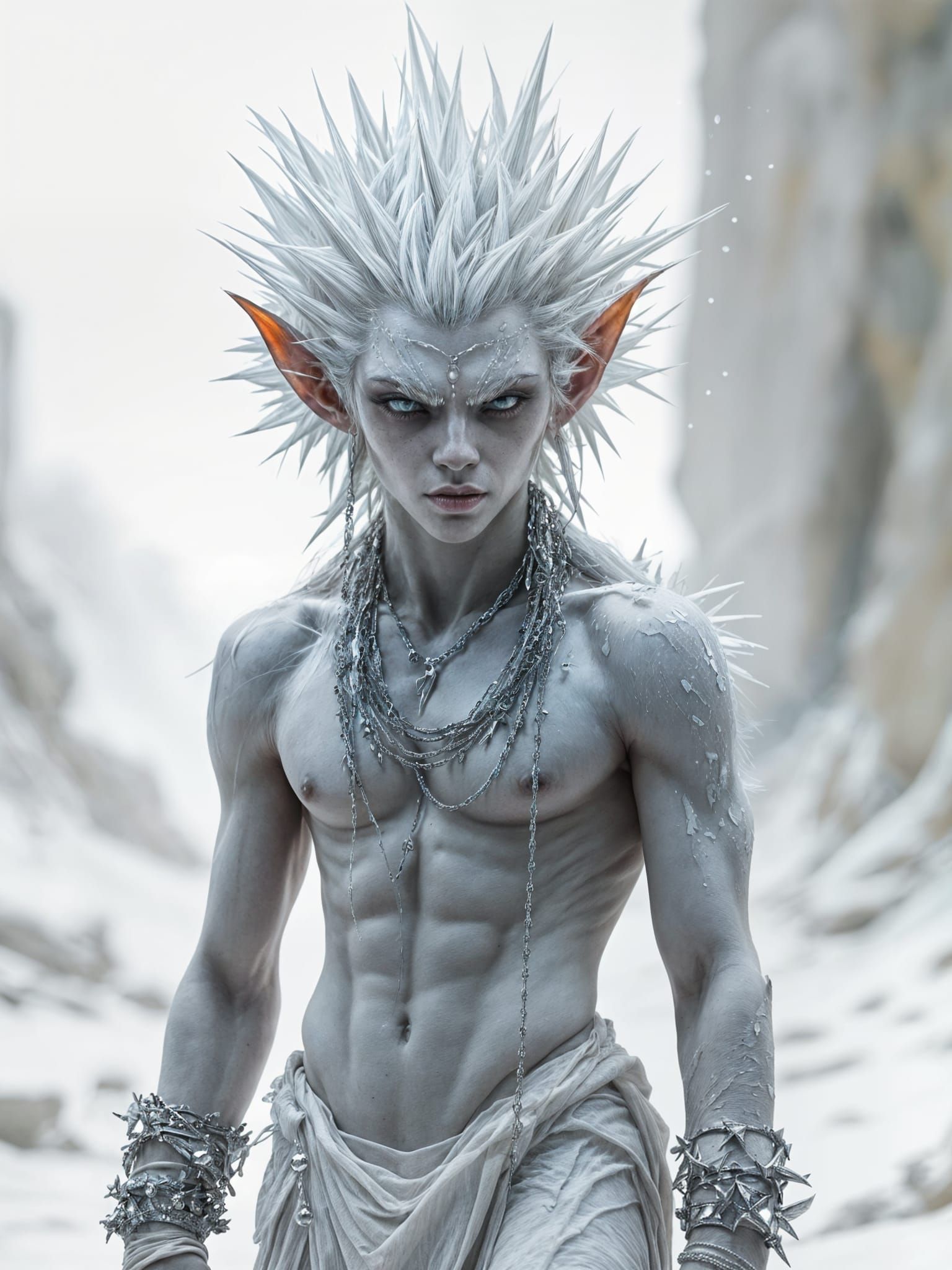 Defiant Goblin with Crystalline Hair in Surreal Landscape