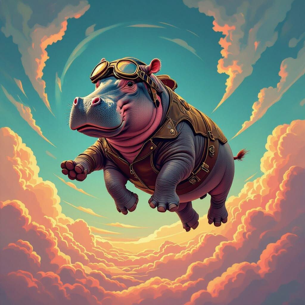 Flying Hippo in Psychedelic Sky, Bold Art Style