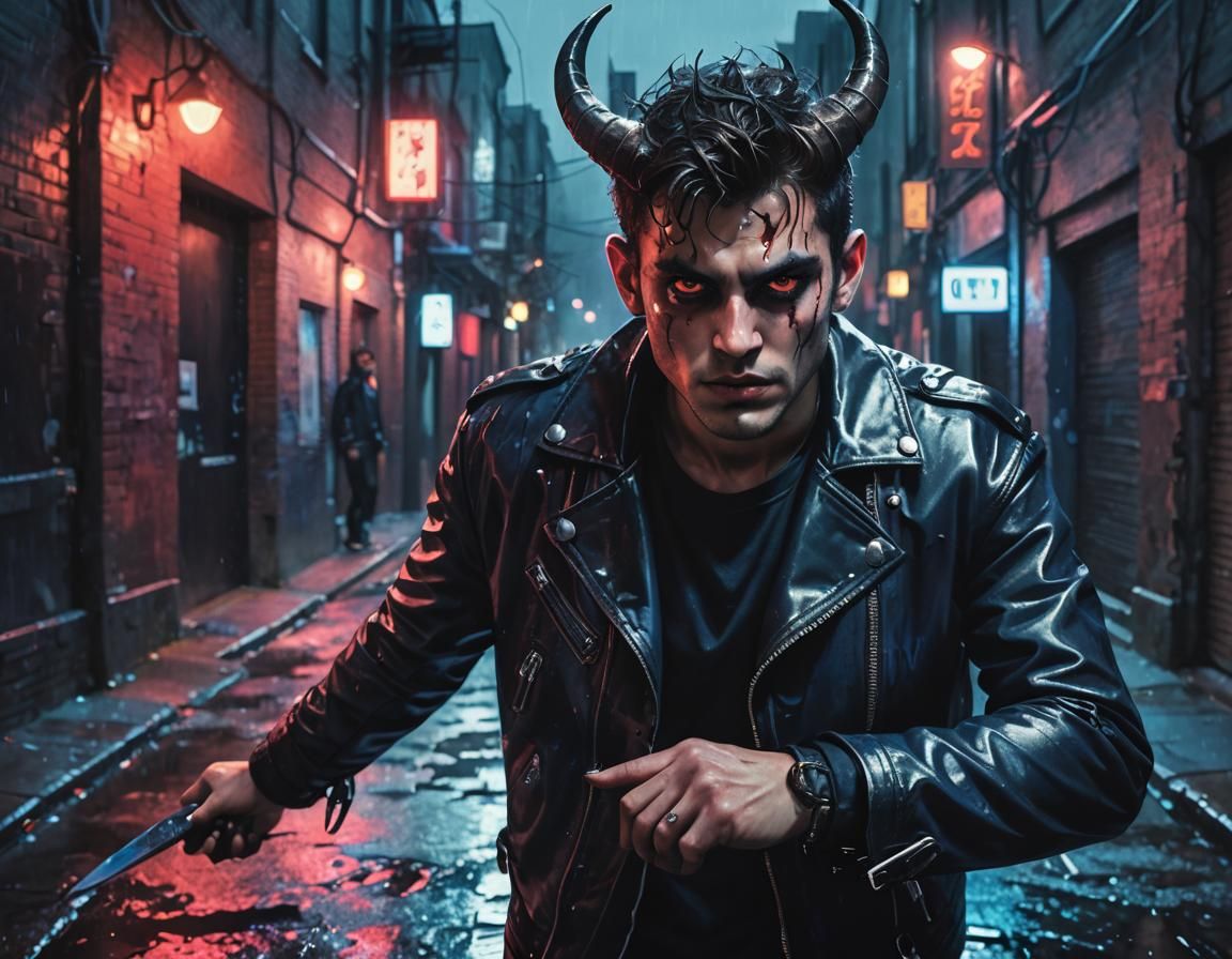 Demonic Youth in Neon Alley: Dark Fantasy Illustration