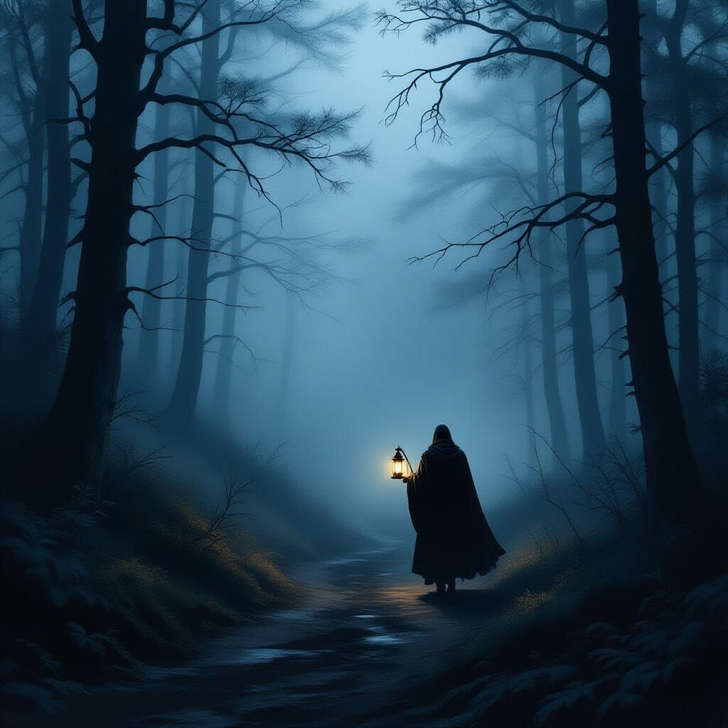 Mysterious Traveler in Foggy Forest, Painterly Digital Art