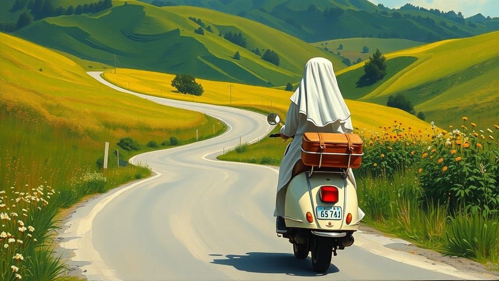 Nun on Vintage Vespa Cruises Winding Country Road