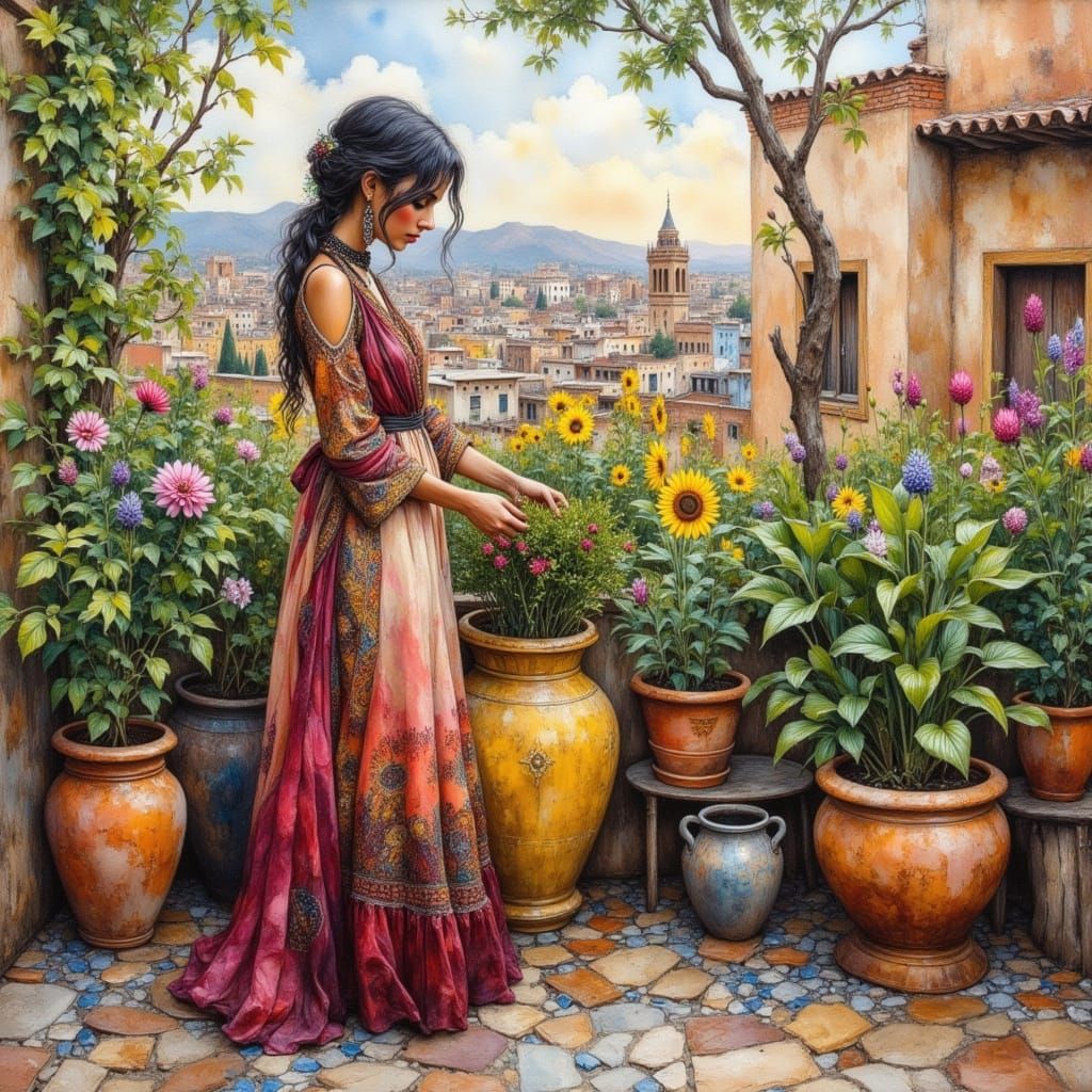 Moroccan Rooftop Garden in Surreal Impasto Style