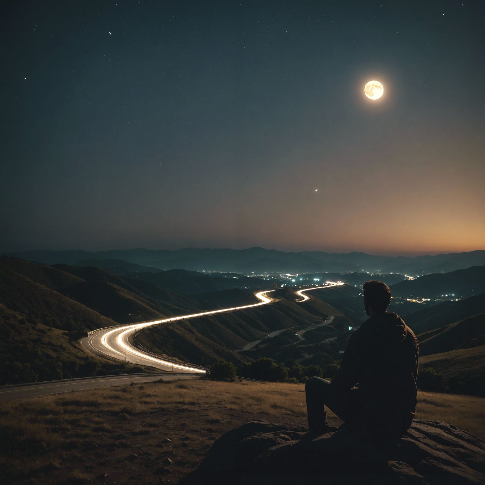 Man Watches Stars on Hill: Cinematic Film Still