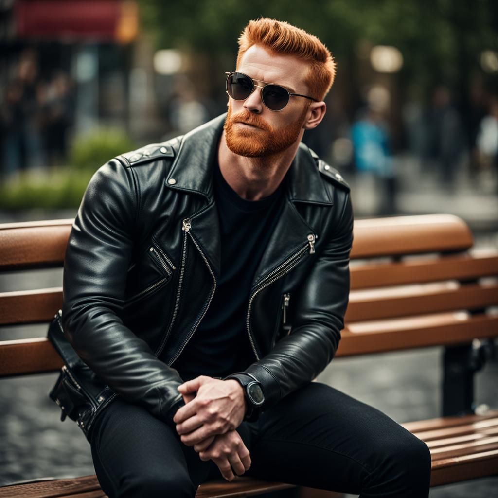 Gay Muscle Ginger Guy in Leather Jacket