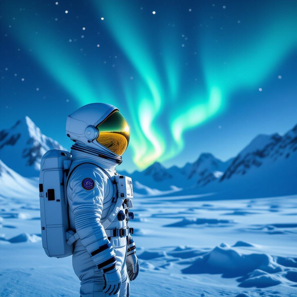 Astronaut Gazing at Aurora on Alien Planet