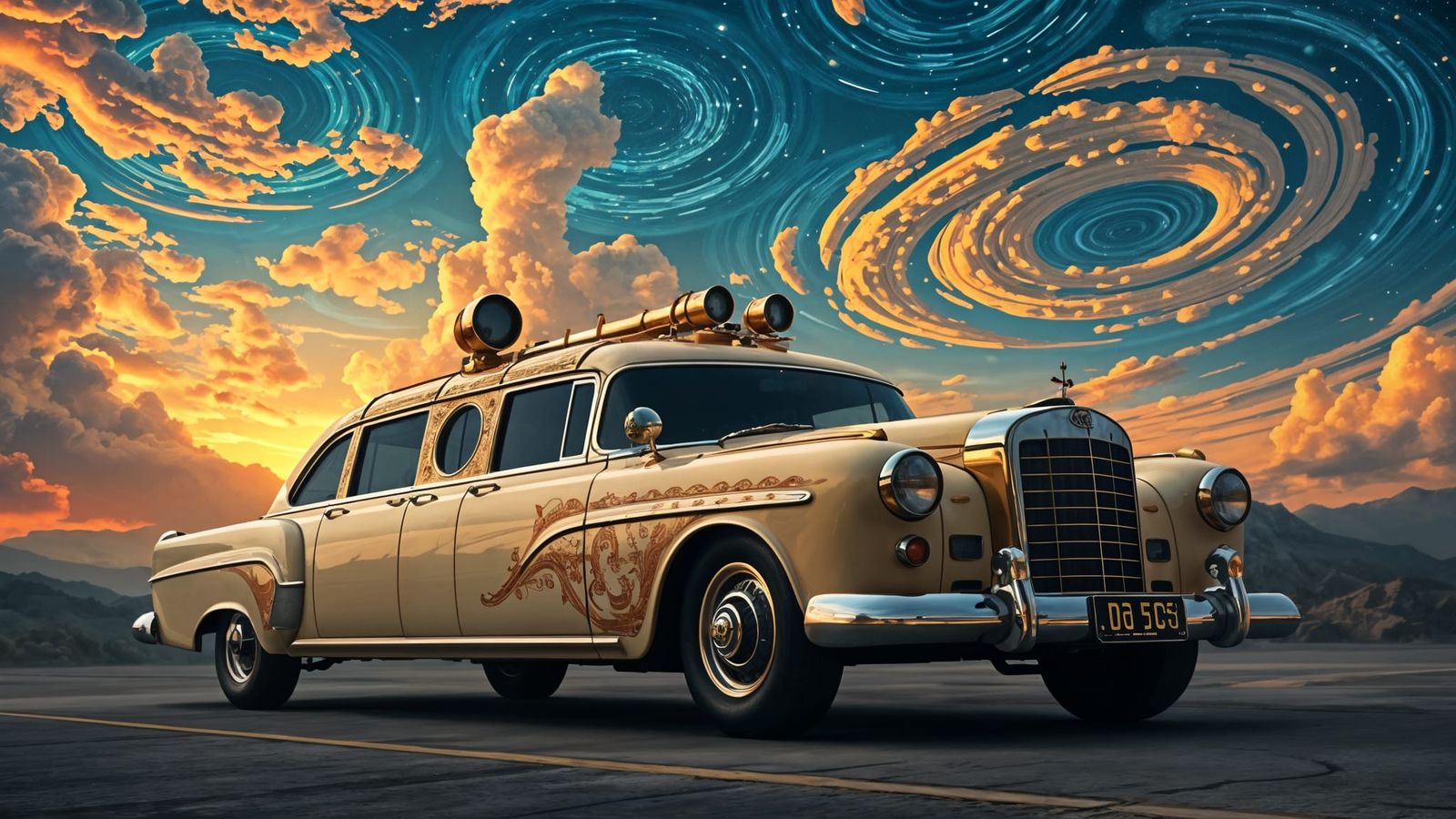 Steampunk Mercedes-Benz Limousine in Golden Apocalyptic Back...