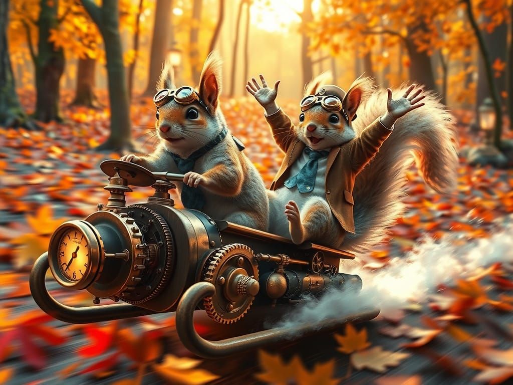 Steampunk Squirrels Race Downhill on Brass Sled