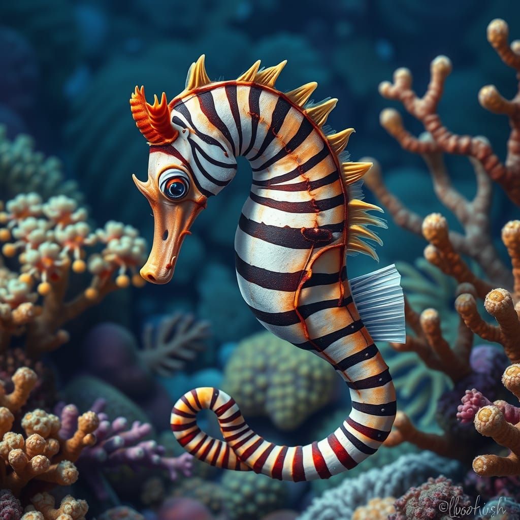 Zebra Seahorse in Coral Reef, Fantasy Realism