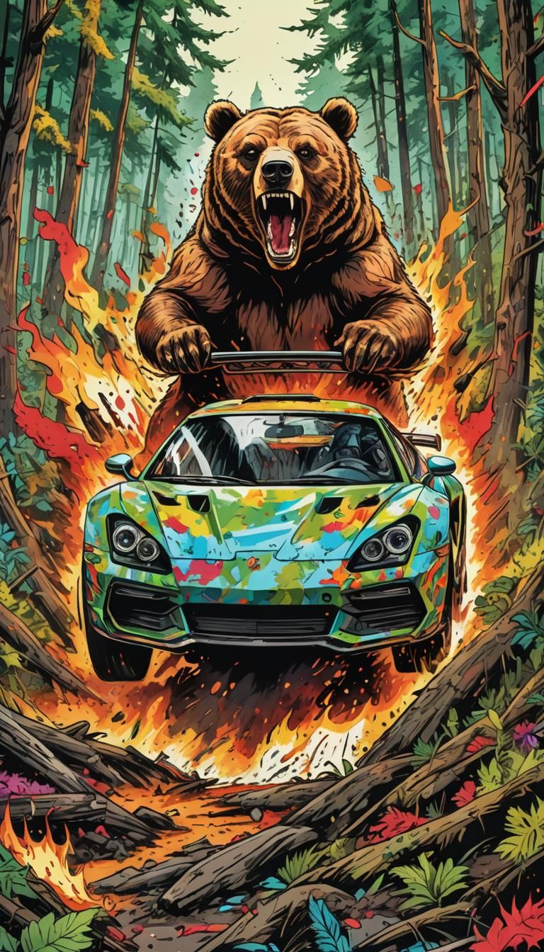 Raging Bear Drives Burning Car: Grotesque Ink Art