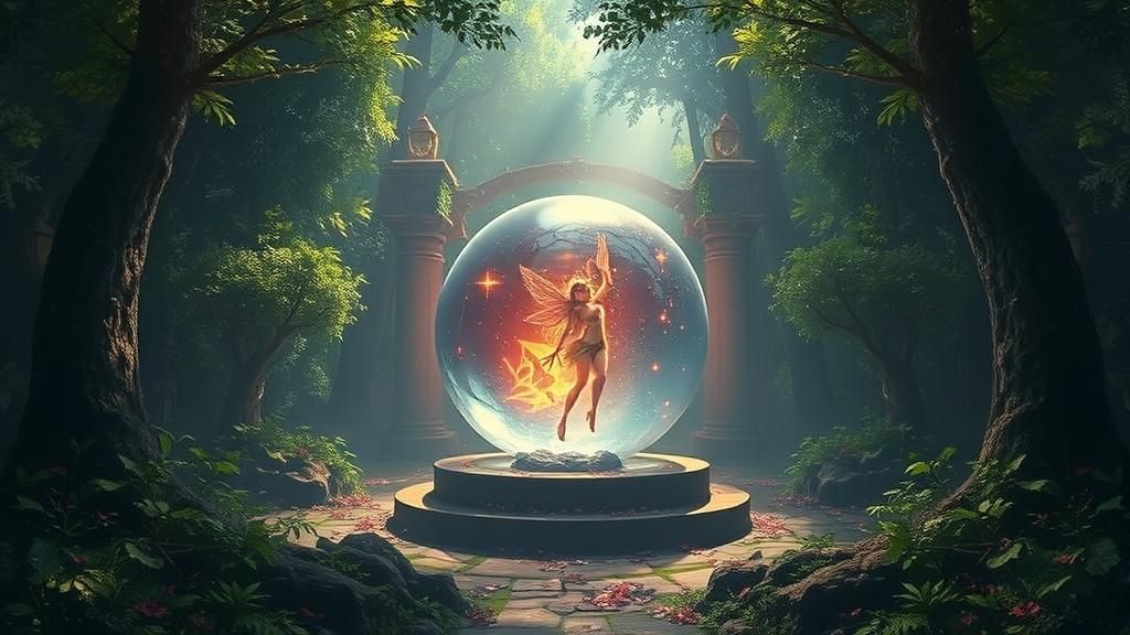 Fierce Fairy in Crystal Ball Amid Lush Forest