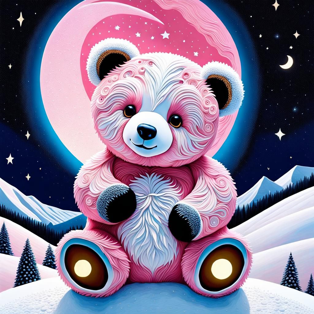 Teddy Bear Steals the Moon: Klimt-Inspired Winter Art