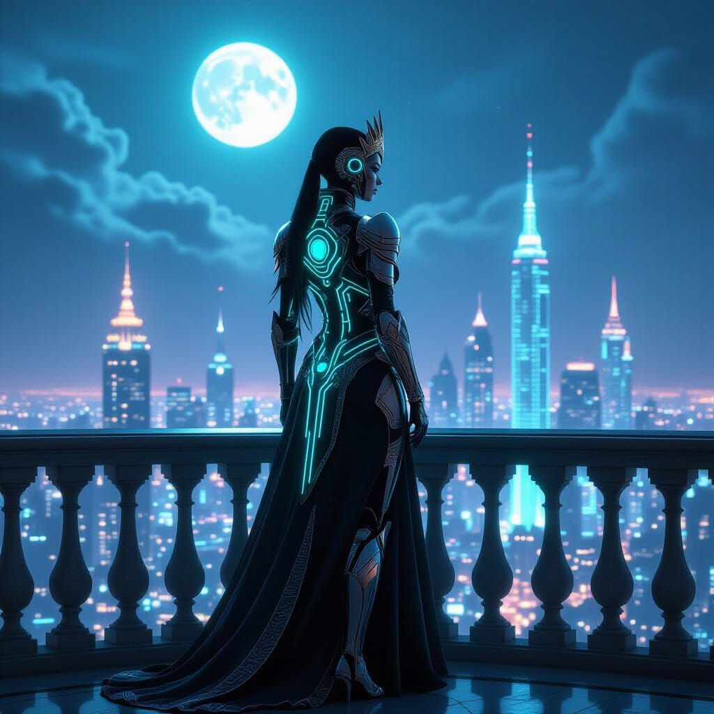 Cyborg Queen Overlooking Neon Metropolis
