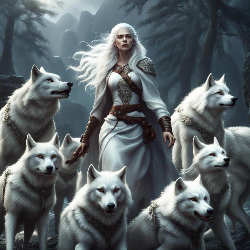 White-Haired Woman Protected by Wolves: Fantasy Concept Art