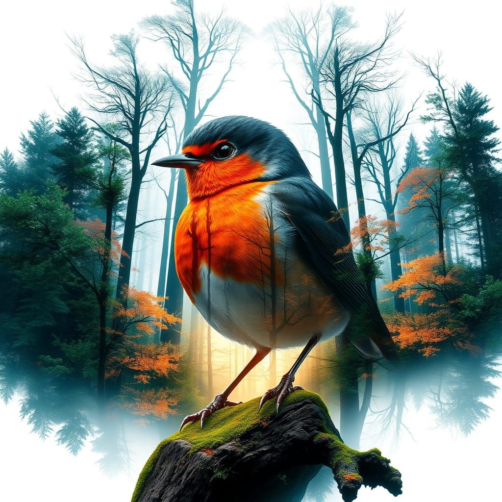 Surreal Robin Double Exposure in Thunder Forest