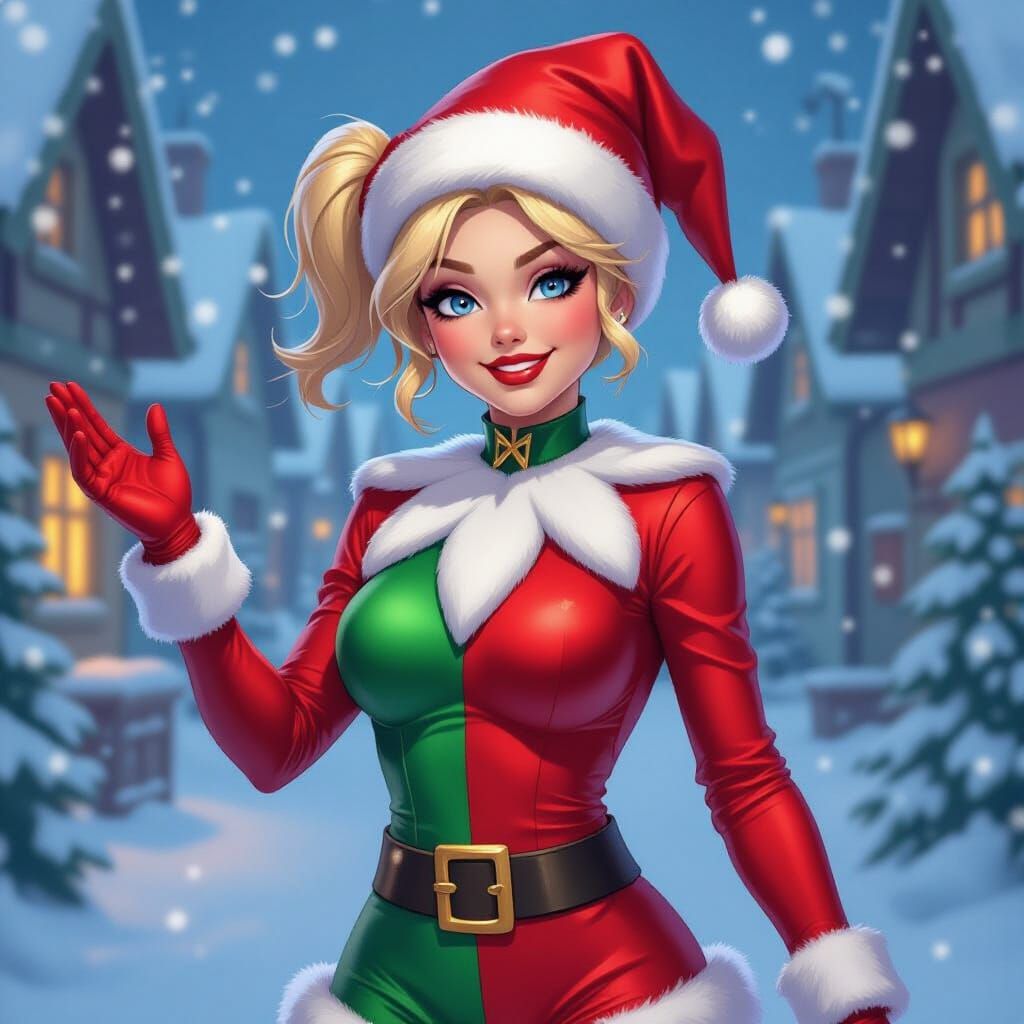Harley Quinn Visits Santa's Village: 3D Elf Illustration