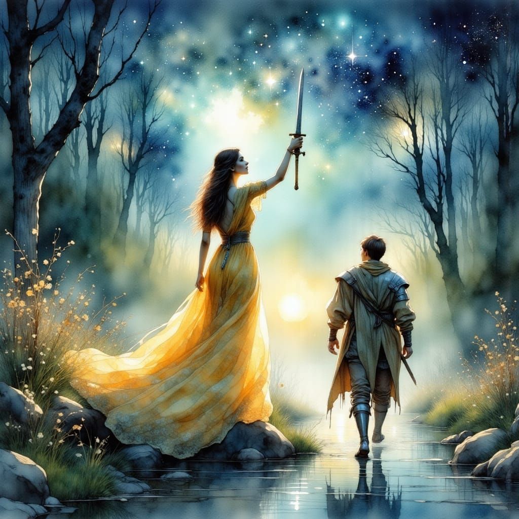 Ethereal Lady of the Lake Raises Excalibur to Starry Sky